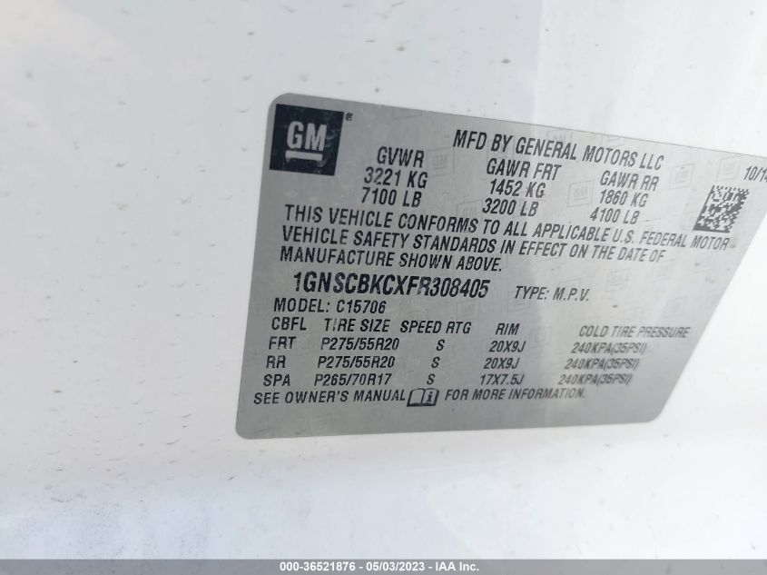 2015 CHEVROLET TAHOE LT - 1GNSCBKCXFR308405