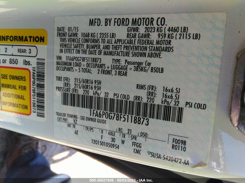 2015 FORD FUSION S - 1FA6P0G78F5118873