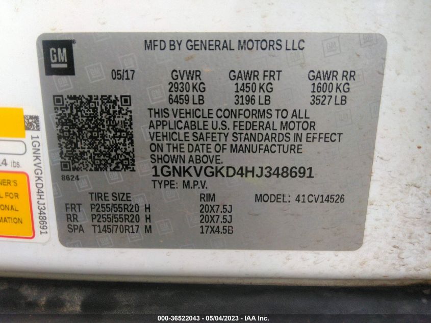 2017 CHEVROLET TRAVERSE LT - 1GNKVGKD4HJ348691