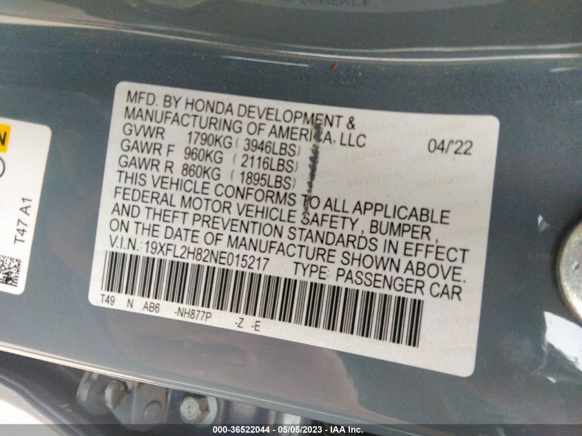 2022 HONDA CIVIC HATCHBACK SPORT - 19XFL2H82NE015217