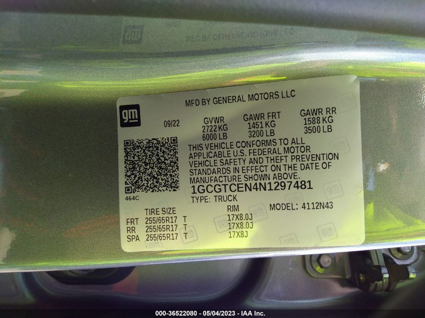 2022 CHEVROLET COLORADO 4WD LT - 1GCGTCEN4N1297481