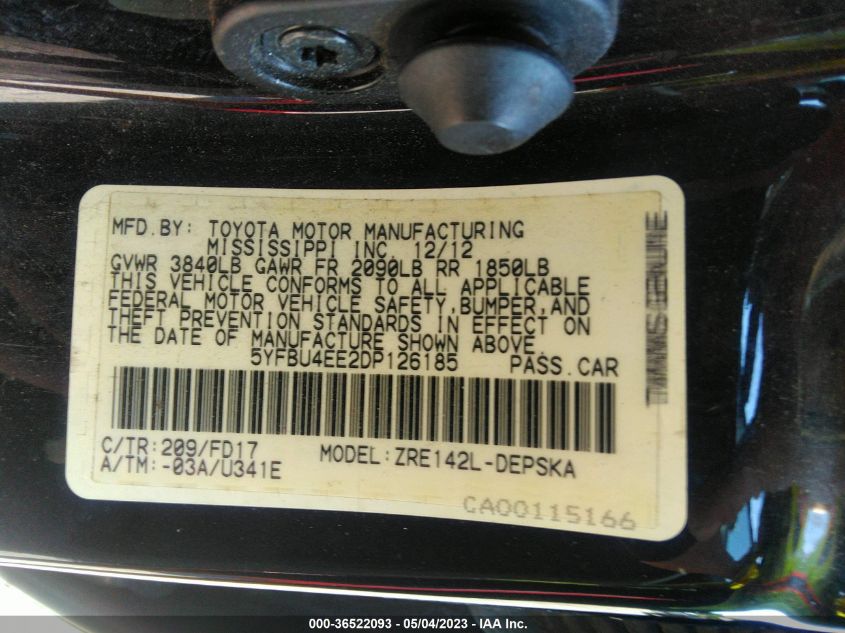 2013 TOYOTA COROLLA L/LE/S - 5YFBU4EE2DP126185