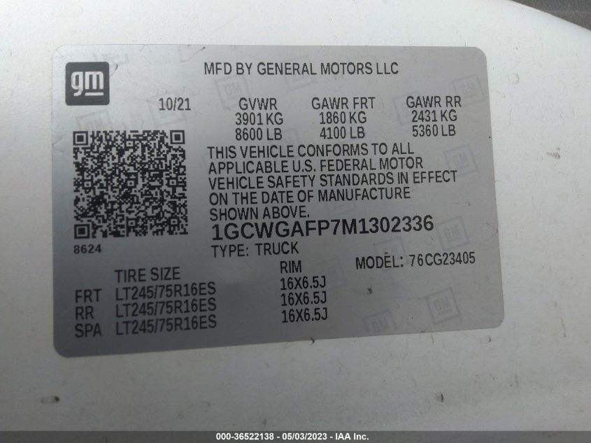 2021 CHEVROLET EXPRESS CARGO VAN - 1GCWGAFP7M1302336