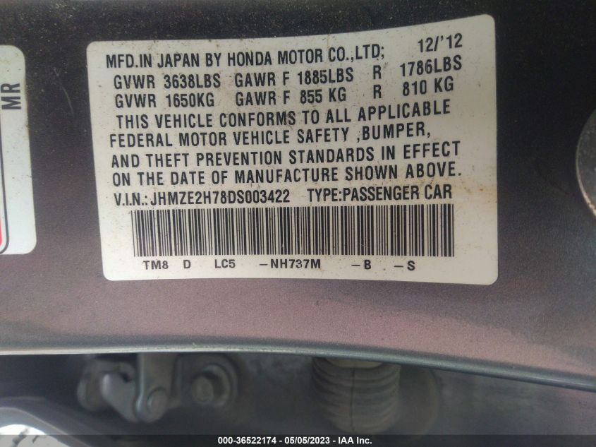 2013 HONDA INSIGHT EX JHMZE2H78DS003422