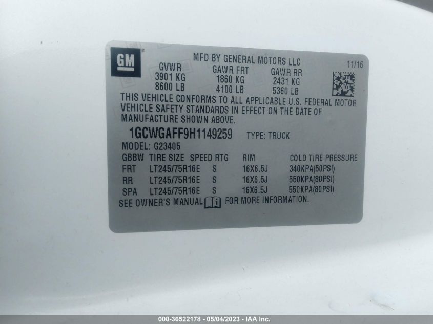 2017 CHEVROLET EXPRESS CARGO VAN - 1GCWGAFF9H1149259