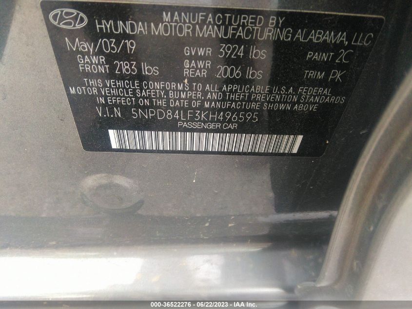 2019 HYUNDAI ELANTRA SEL - 5NPD84LF3KH496595