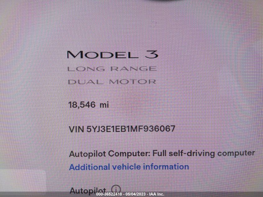 2021 TESLA MODEL 3 LONG RANGE - 5YJ3E1EB1MF936067