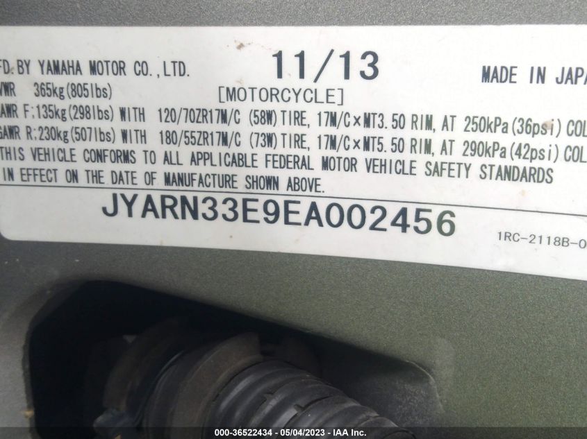 2014 YAMAHA FZ09 JYARN33E9EA002456