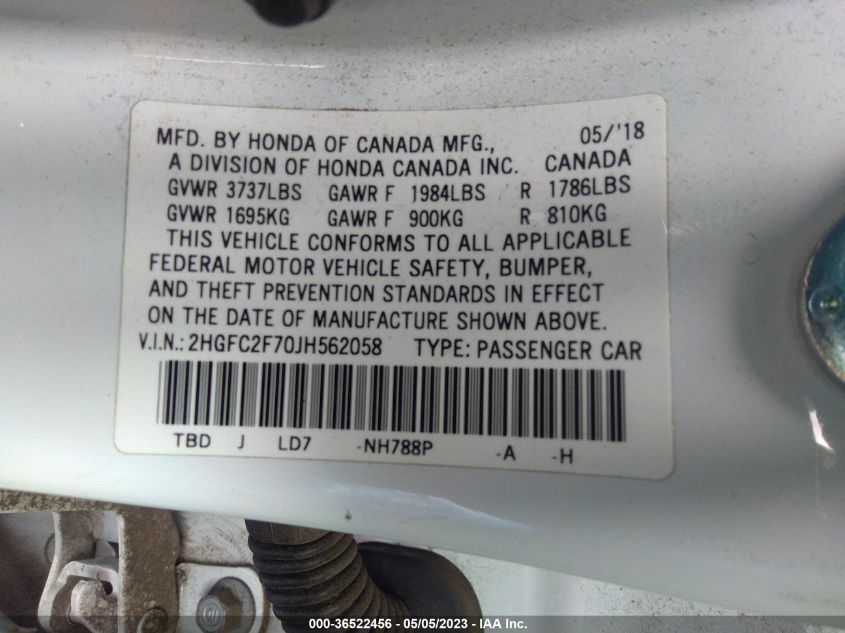 2018 HONDA CIVIC SEDAN EX - 2HGFC2F70JH562058