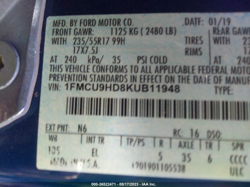 2019 FORD ESCAPE SEL - 1FMCU9HD8KUB11948