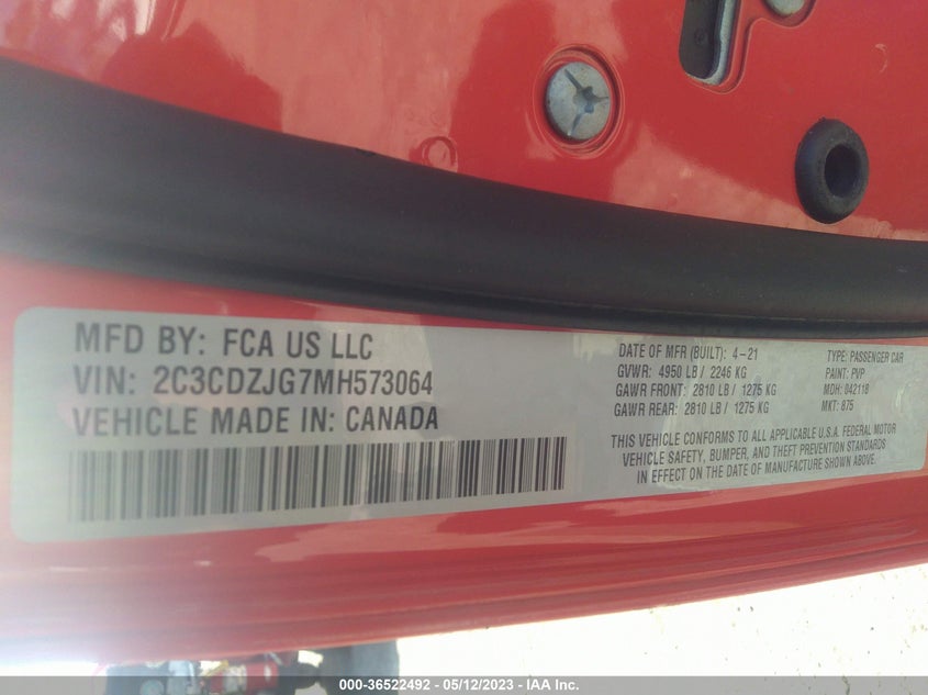 2021 DODGE CHALLENGER 3.6L V6 FI DOHC 24V (VIN: 2C3CDZJG7MH573064