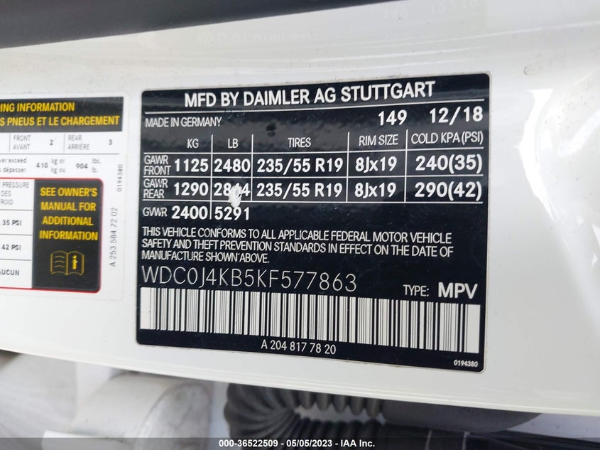 VIN WDC0J4KB5KF577863 2019 MERCEDES-BENZ GLC GLC 300