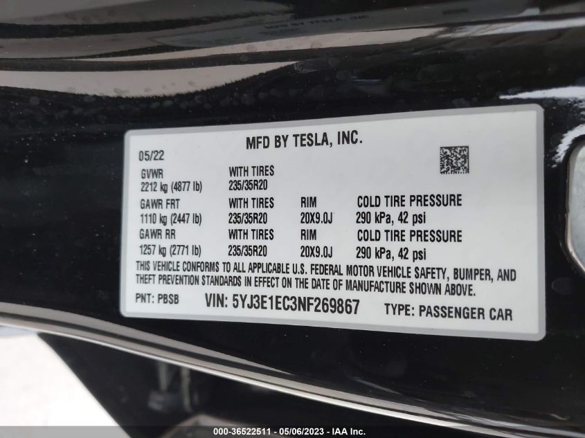 2022 TESLA MODEL 3 PERFORMANCE - 5YJ3E1EC3NF269867