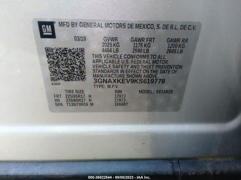 2019 CHEVROLET EQUINOX LT - 3GNAXKEV9KS619778
