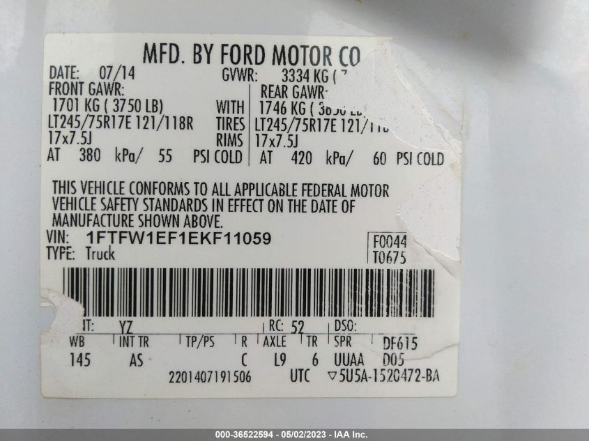 2014 FORD F-150 XL/XLT/STX/FX4/LARIAT - 1FTFW1EF1EKF11059