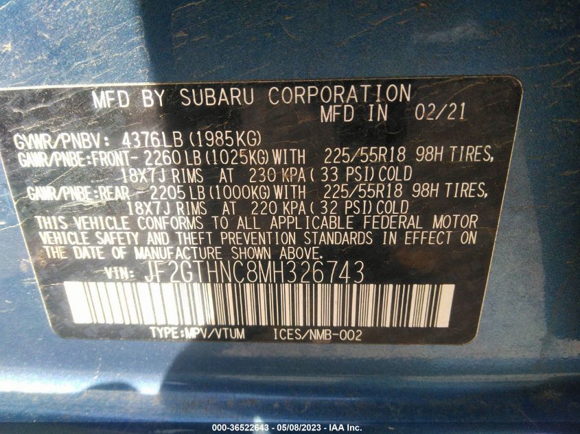 2021 SUBARU CROSSTREK LIMITED - JF2GTHNC8MH326743