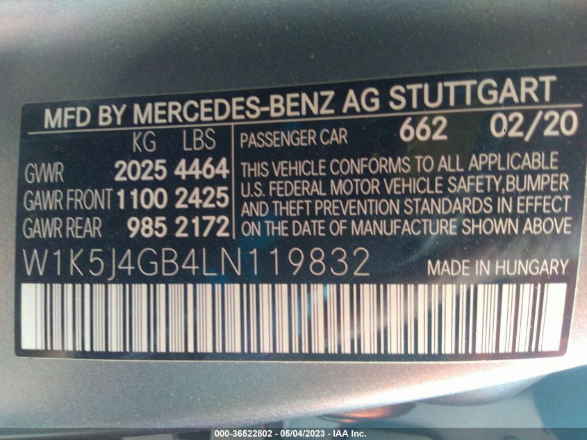 2020 MERCEDES-BENZ CLA CLA 250 - W1K5J4GB4LN119832
