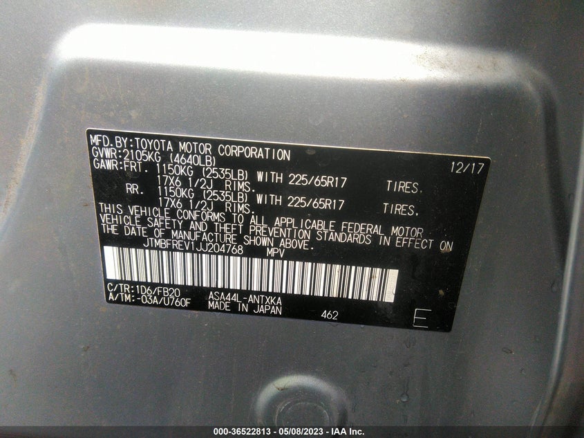 VIN JTMBFREV1JJ204768 2018 TOYOTA RAV4 LE