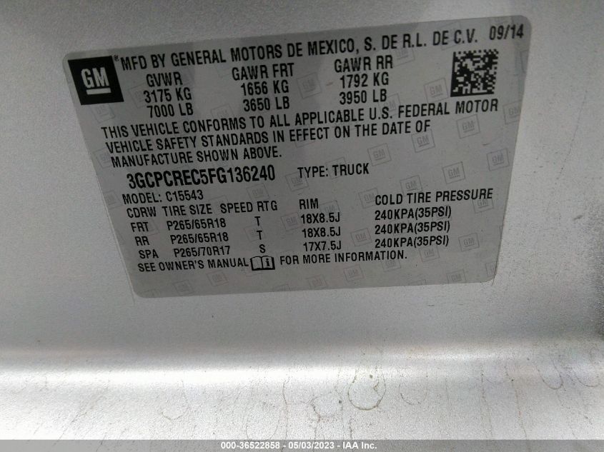 2015 CHEVROLET SILVERADO 1500 LT - 3GCPCREC5FG136240