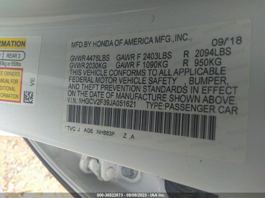 2018 HONDA ACCORD SEDAN SPORT 2.0T - 1HGCV2F39JA051621