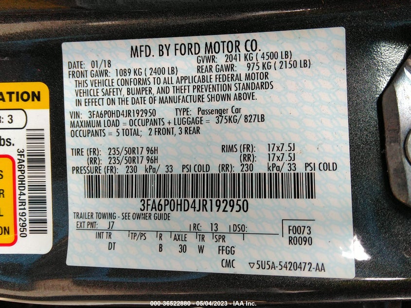 VIN 3FA6P0HD4JR192950 2018 FORD FUSION SE