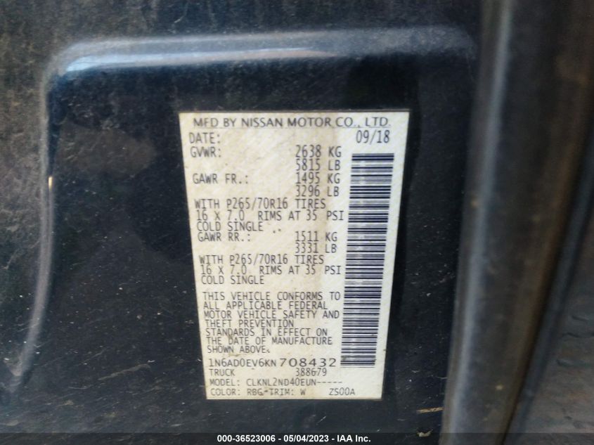 2019 NISSAN FRONTIER SV - 1N6AD0EV6KN708432