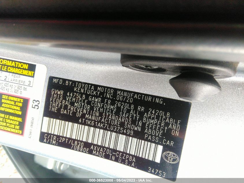 2020 TOYOTA CAMRY XSE - 4T1K61AK7LU375499