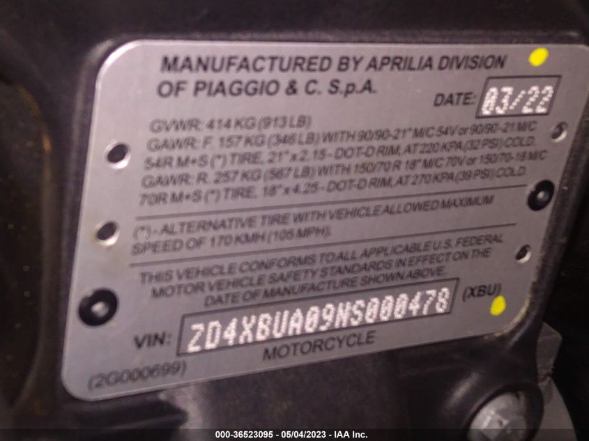 2022 APRILIA TUAREG 660 ZD4XBUA09NS000478