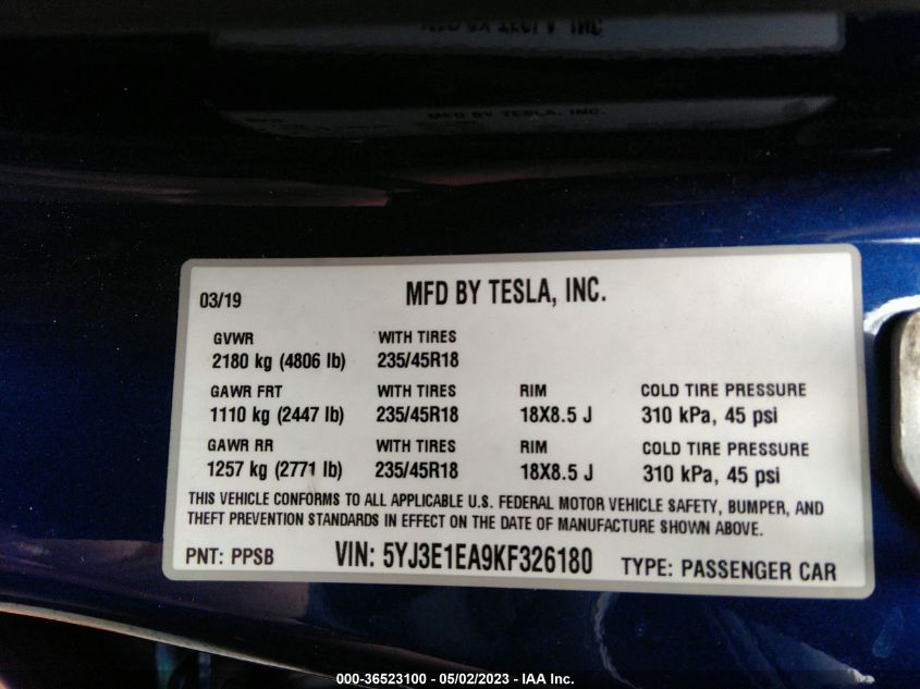 2019 TESLA MODEL 3 RANGE - 5YJ3E1EA9KF326180