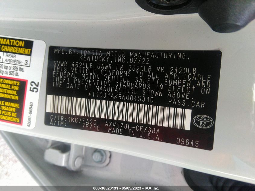 2022 TOYOTA CAMRY HYBRID - 4T1G31AK8NU045310
