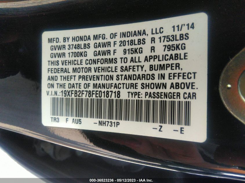 2015 HONDA CIVIC SE - 19XFB2F78FE018718