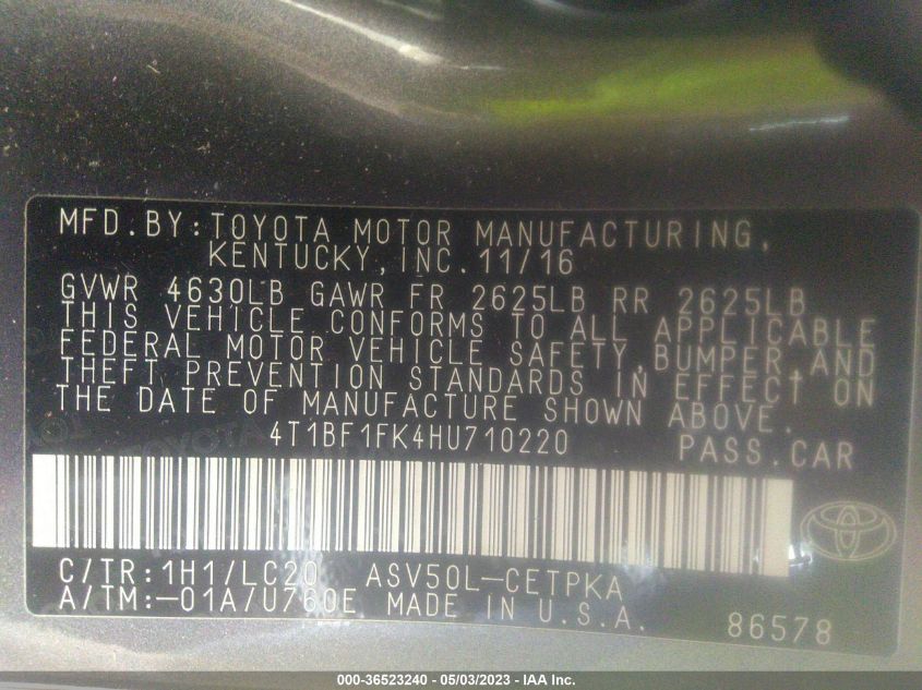 2017 TOYOTA CAMRY XLE/SE/LE/XSE - 4T1BF1FK4HU710220