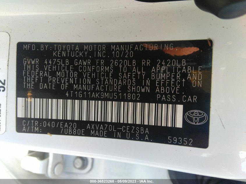 2021 TOYOTA CAMRY SE - 4T1G11AK9MU511802