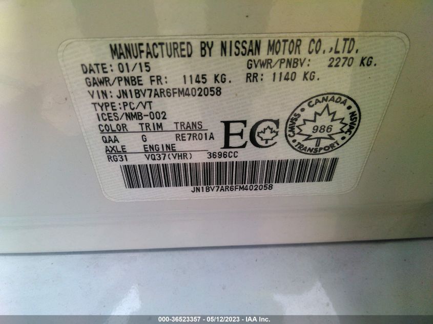 2015 INFINITI Q50 - JN1BV7AR6FM402058