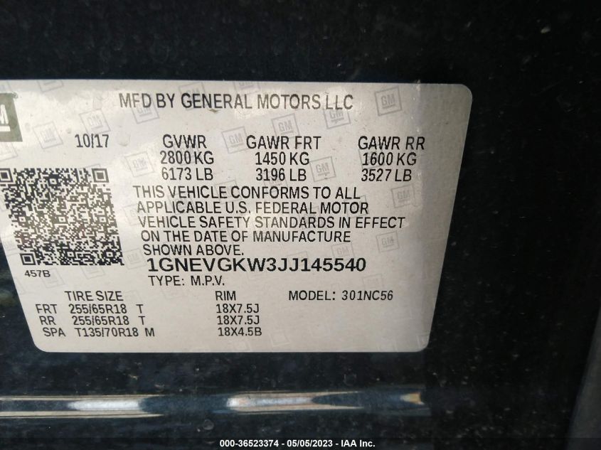 2018 CHEVROLET TRAVERSE LT CLOTH - 1GNEVGKW3JJ145540