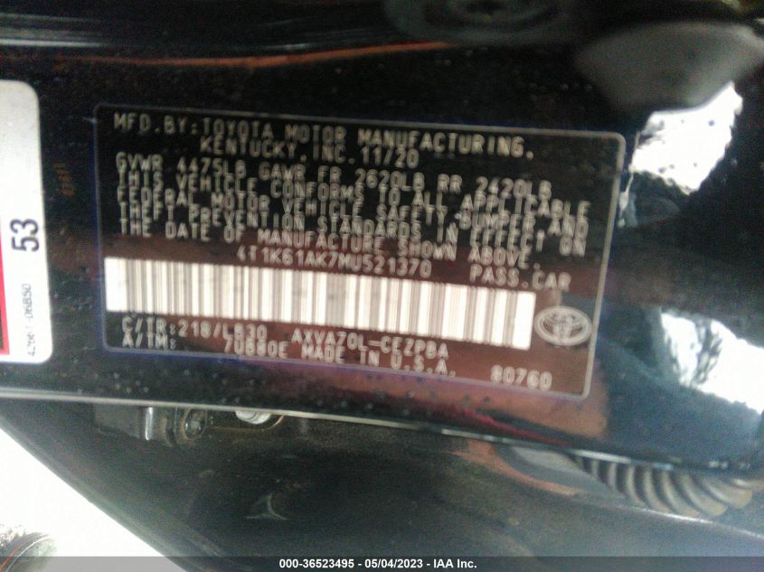 2021 TOYOTA CAMRY XSE - 4T1K61AK7MU521370