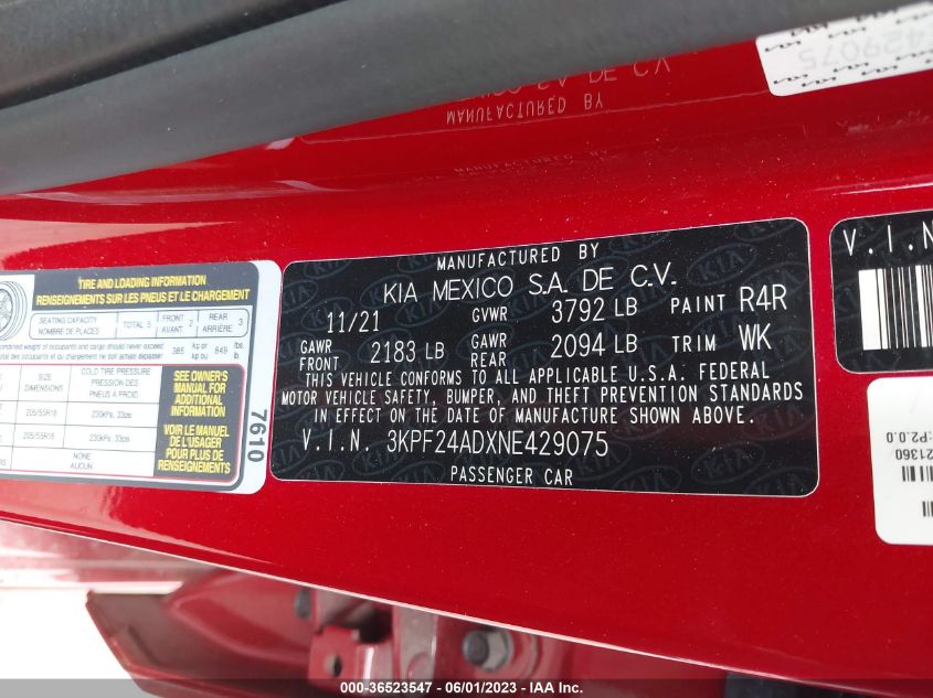 2022 KIA FORTE LXS - 3KPF24ADXNE429075