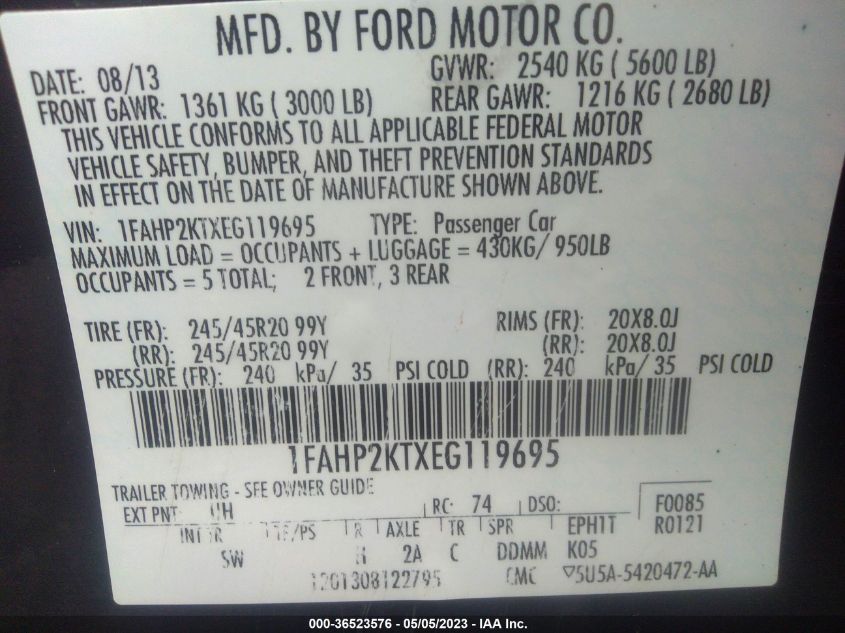 2014 FORD TAURUS SHO - 1FAHP2KTXEG119695
