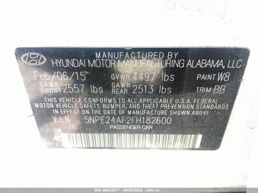 2015 HYUNDAI SONATA 2.4L SE - 5NPE24AF2FH182600