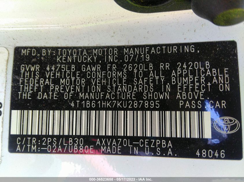 2019 TOYOTA CAMRY XSE - 4T1B61HK7KU287895