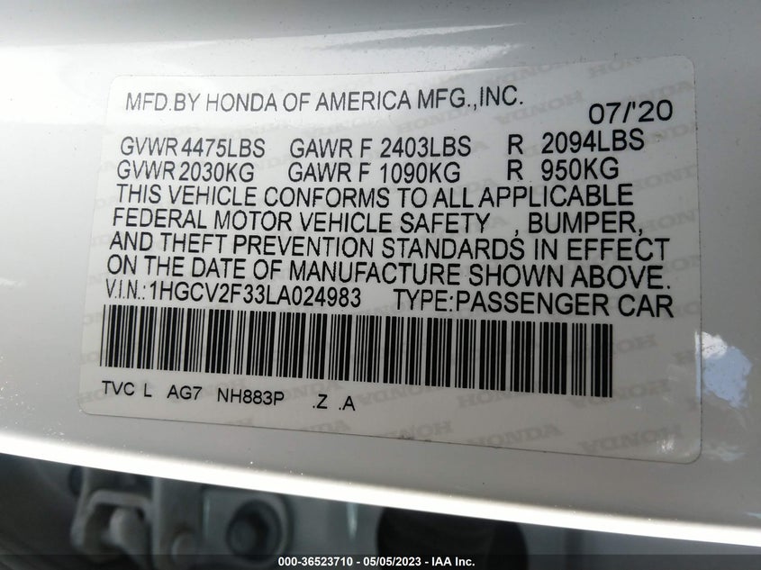 VIN 1HGCV2F33LA024983 2020 HONDA ACCORD SEDAN SPORT