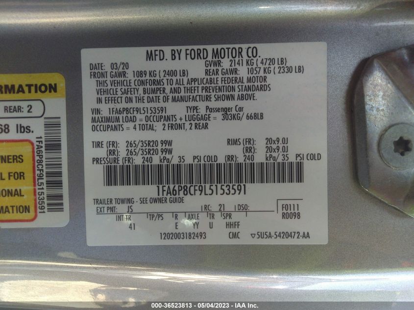 2020 FORD MUSTANG GT - 1FA6P8CF9L5153591