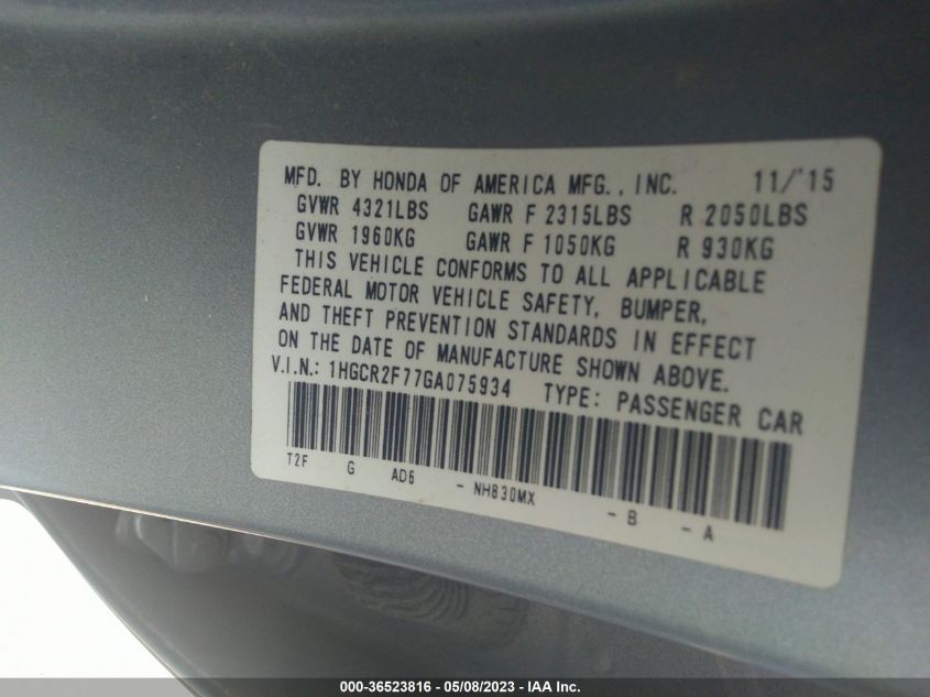2016 HONDA ACCORD SEDAN EX - 1HGCR2F77GA075934