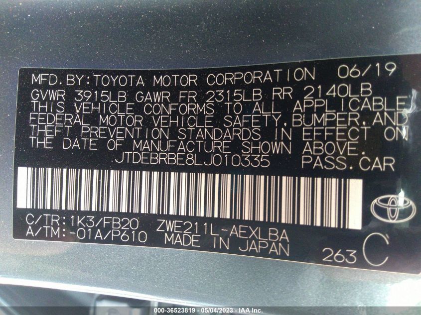 2020 TOYOTA COROLLA HYBRID LE - JTDEBRBE8LJ010335
