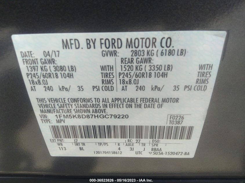 2017 FORD EXPLORER XLT - 1FM5K8D87HGC79220