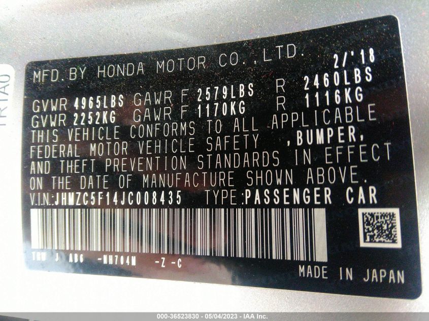 2018 HONDA CLARITY PLUG-IN HYBRID - JHMZC5F14JC008435