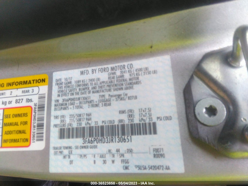 VIN 3FA6P0HD3JR130651 2018 FORD FUSION SE