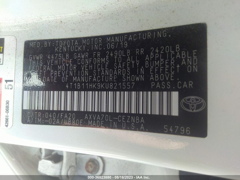 2019 TOYOTA CAMRY LE/SE/XLE/L - 4T1B11HK9KU821557