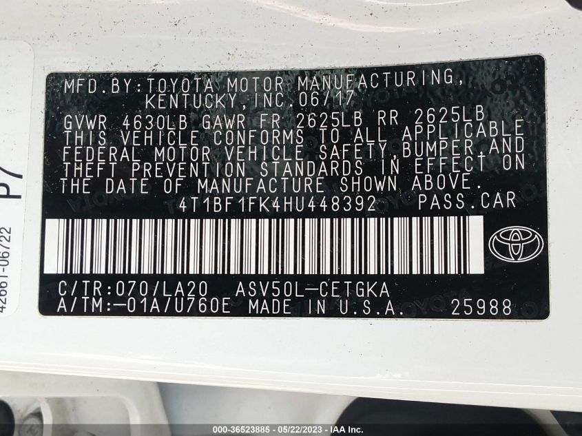 2017 TOYOTA CAMRY XLE/SE/LE/XSE - 4T1BF1FK4HU448392