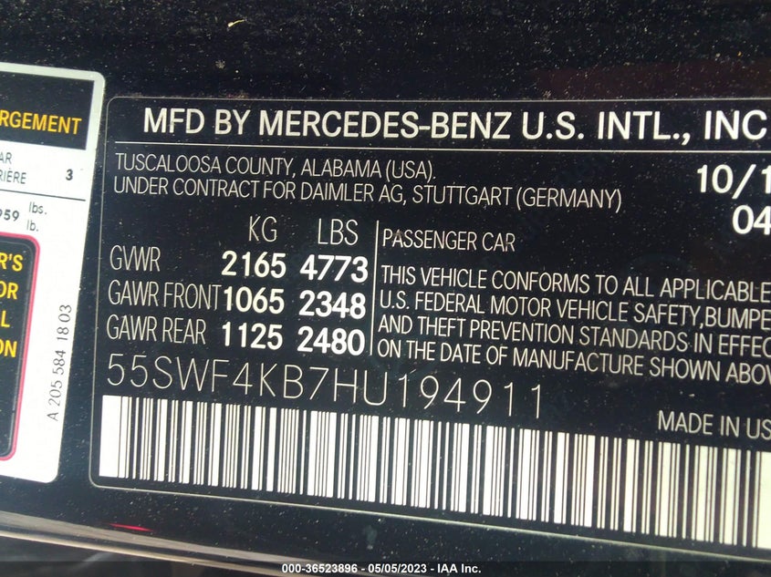 VIN 55SWF4KB7HU194911 2017 MERCEDES-BENZ C-CLASS C 300
